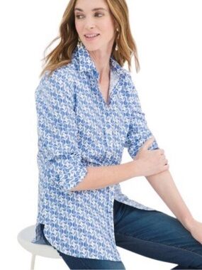 Womens Button Up Shirt No Visit   Iron White Blue Seahorse Print Coastal -Size 1